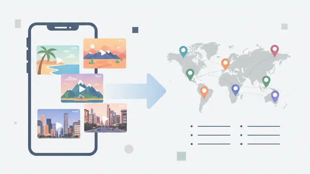 Phone showing travel videos from TikTok, Instagram and YouTube converting into organized world map with location pins