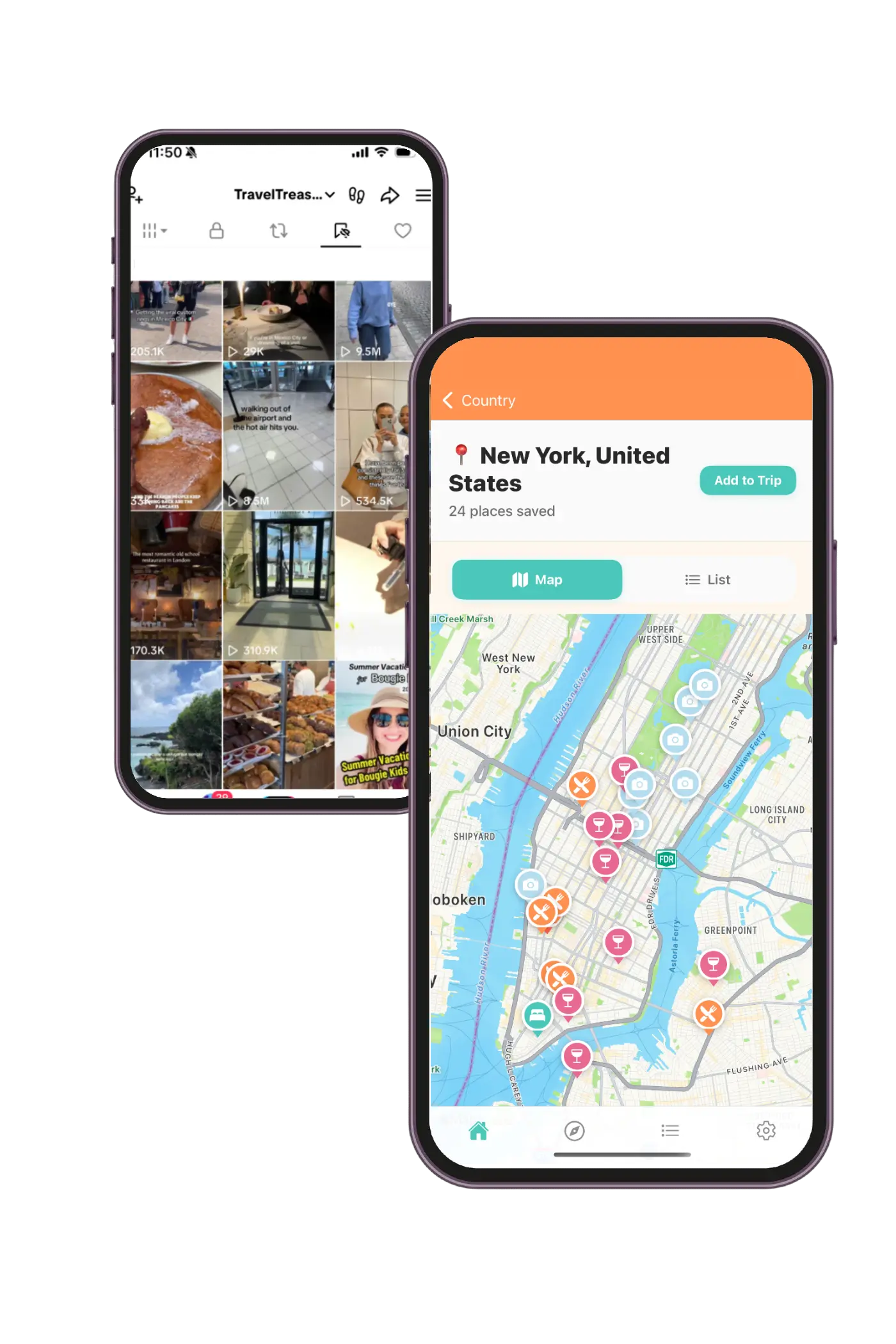 TravelTreasure app organizing saved TikTok travel videos into a city map with restaurant and attraction pins