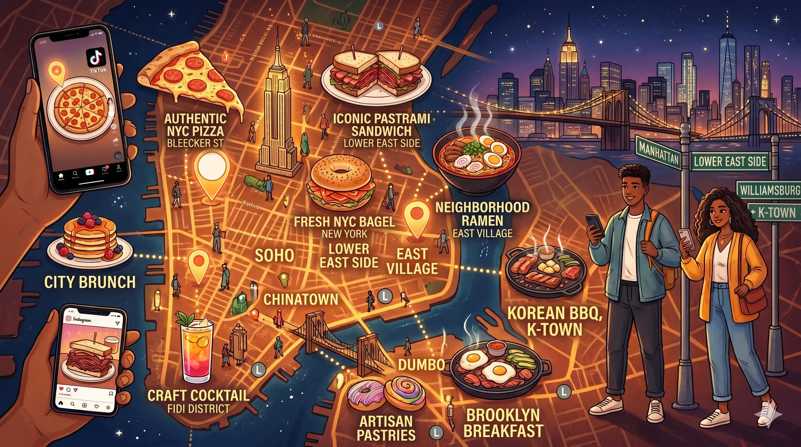 NYC food map showing pizza, bagels, ramen, Korean BBQ, and cocktail bars across Manhattan and Brooklyn
