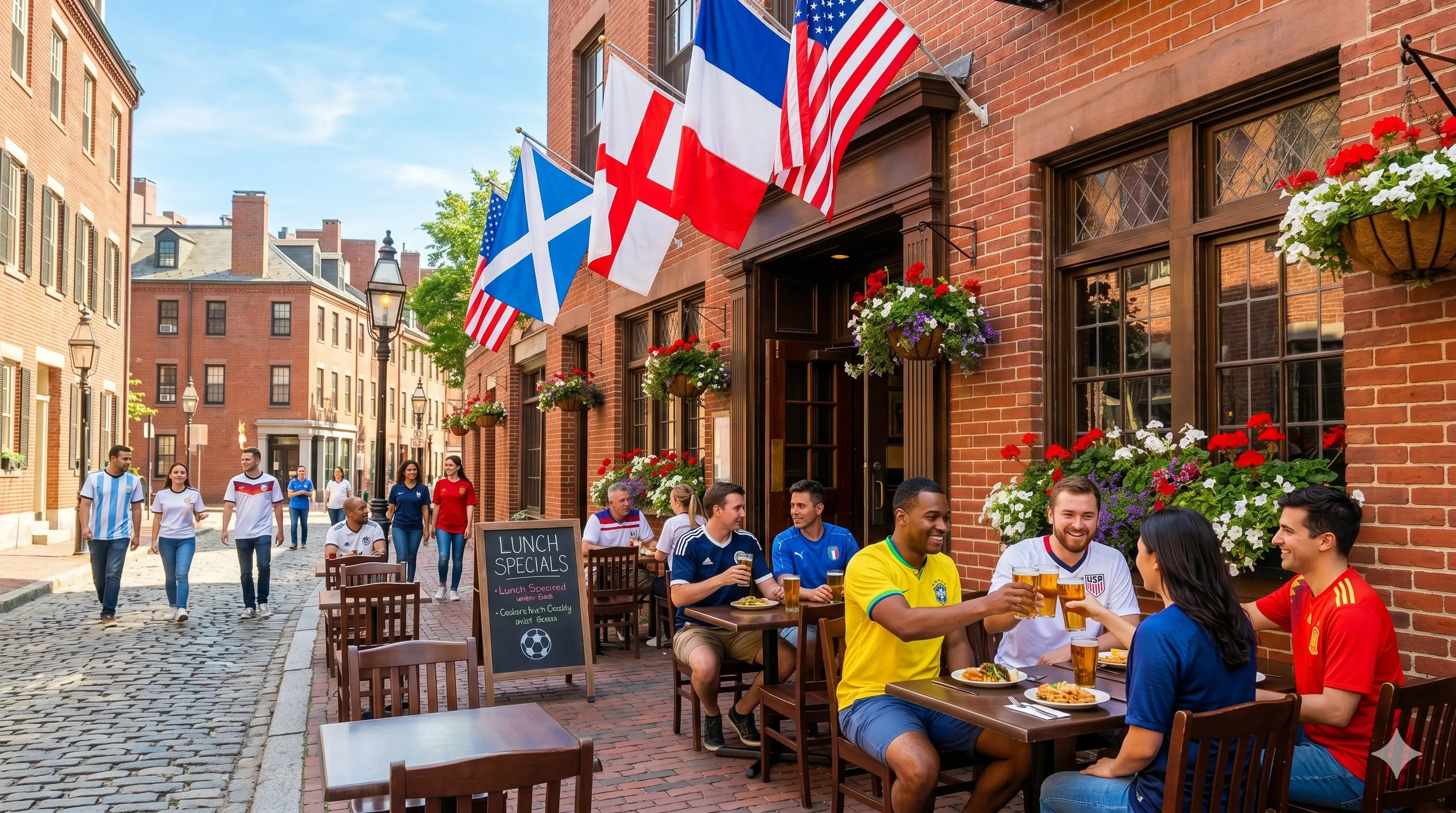 Soccer fans in World Cup jerseys at an outdoor Boston pub with flags hanging above