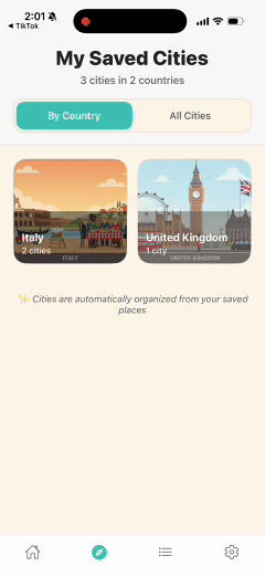 Interactive map displaying saved locations grouped by city with pins for restaurants and attractions, ready for trip planning